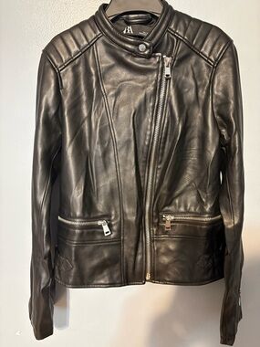 Zara Black Leather Moto Jacket with Quilted Shoulder